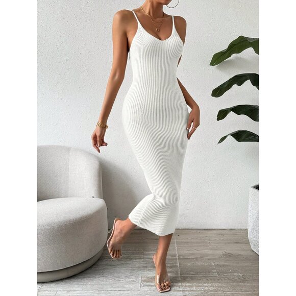 Ribbed knit light-weight sweater dress midi fitted black - Picture 6 of 6